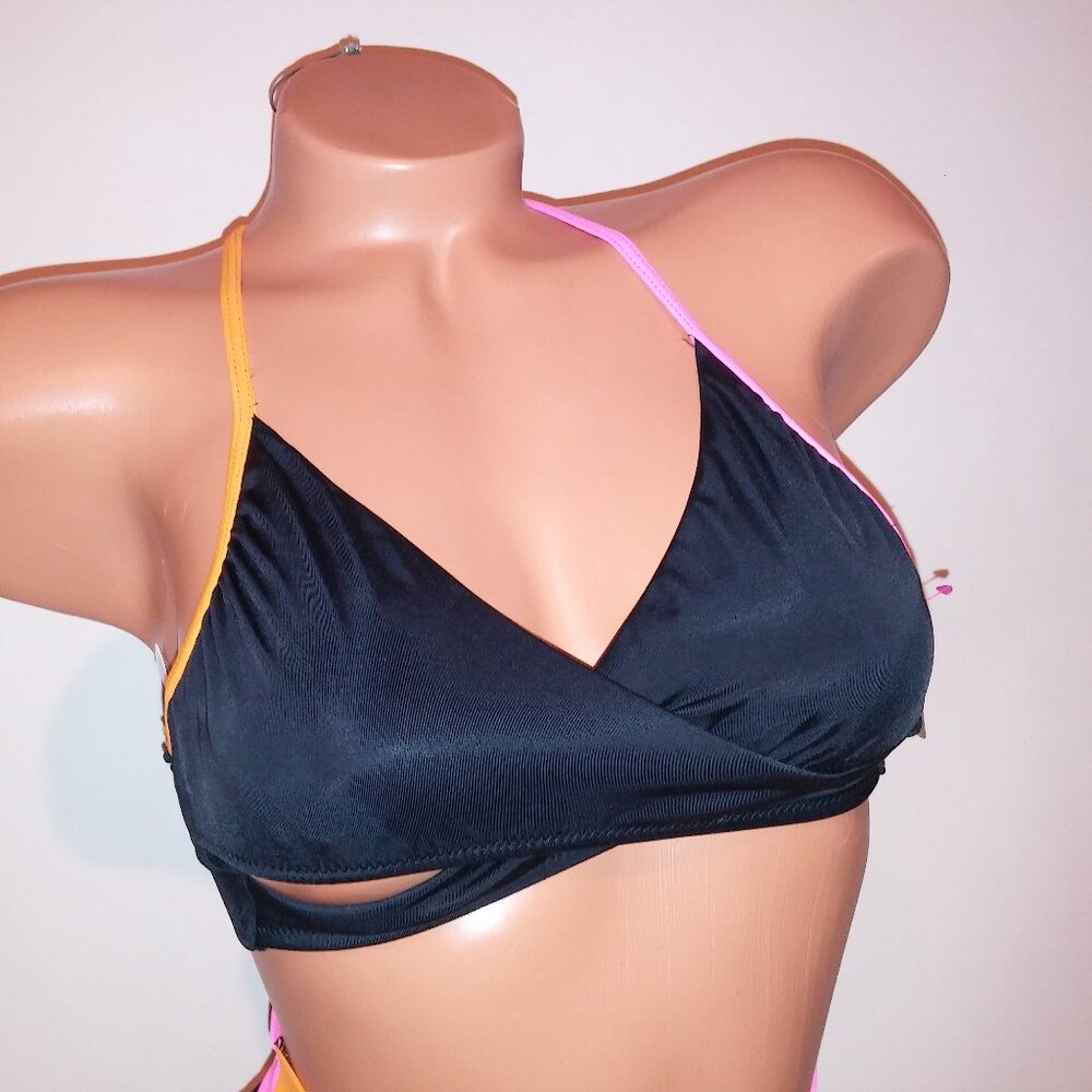 Victoria Secret PINK Swim Bikini Top Small Wrap Halter Black Pink Orange Removab